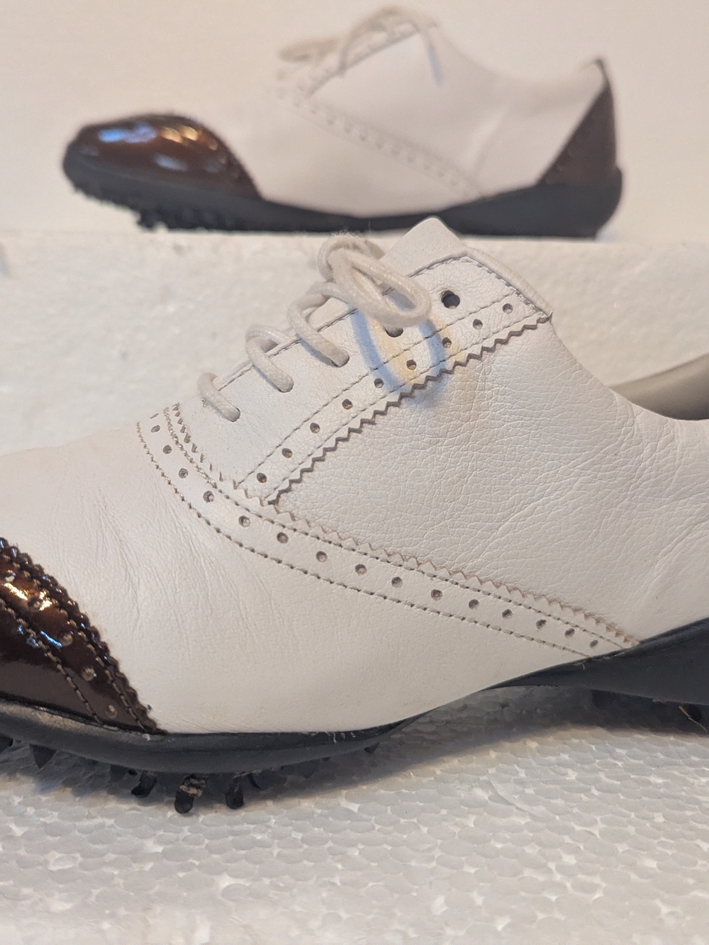 FootJoy White Golf Shoes with Brown Cap Toe